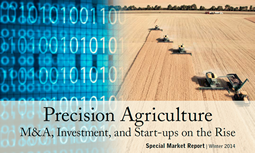 A picture of a data stream on the left and agriculture farming equipment on the right with text reading "precision agriculture"