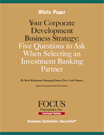 white paper cover reading "Your corporate development business strategy: five questions to ask when selecting an investment banking partner"