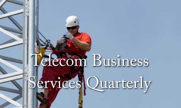 an image of a telecoms engineer hoisted off of a telecom tower with text reading "telecom business service quarterly"