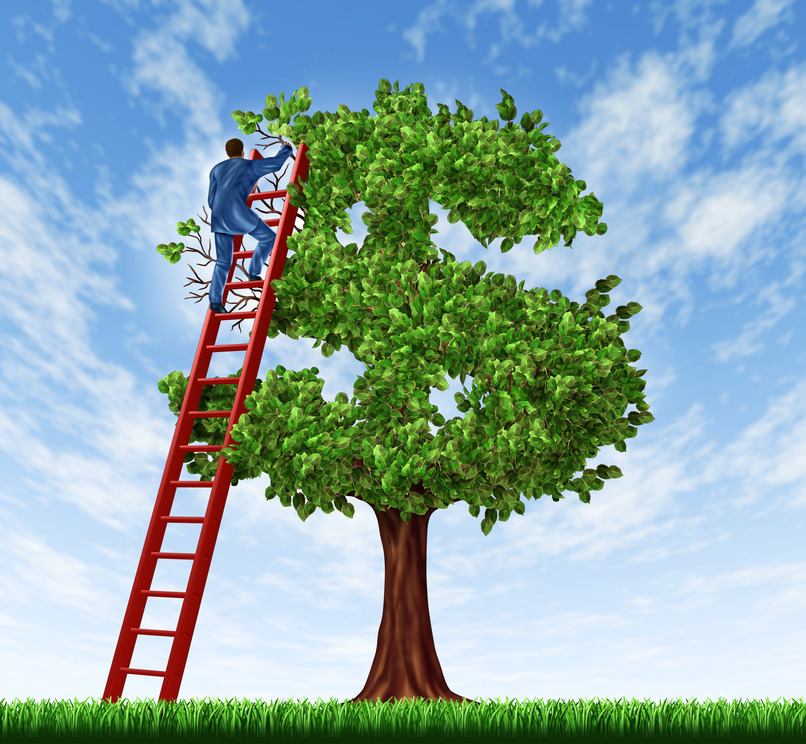 illustrated tree in the shape of a dollar sign with a man propped up against it on a ladder maintaining the branches