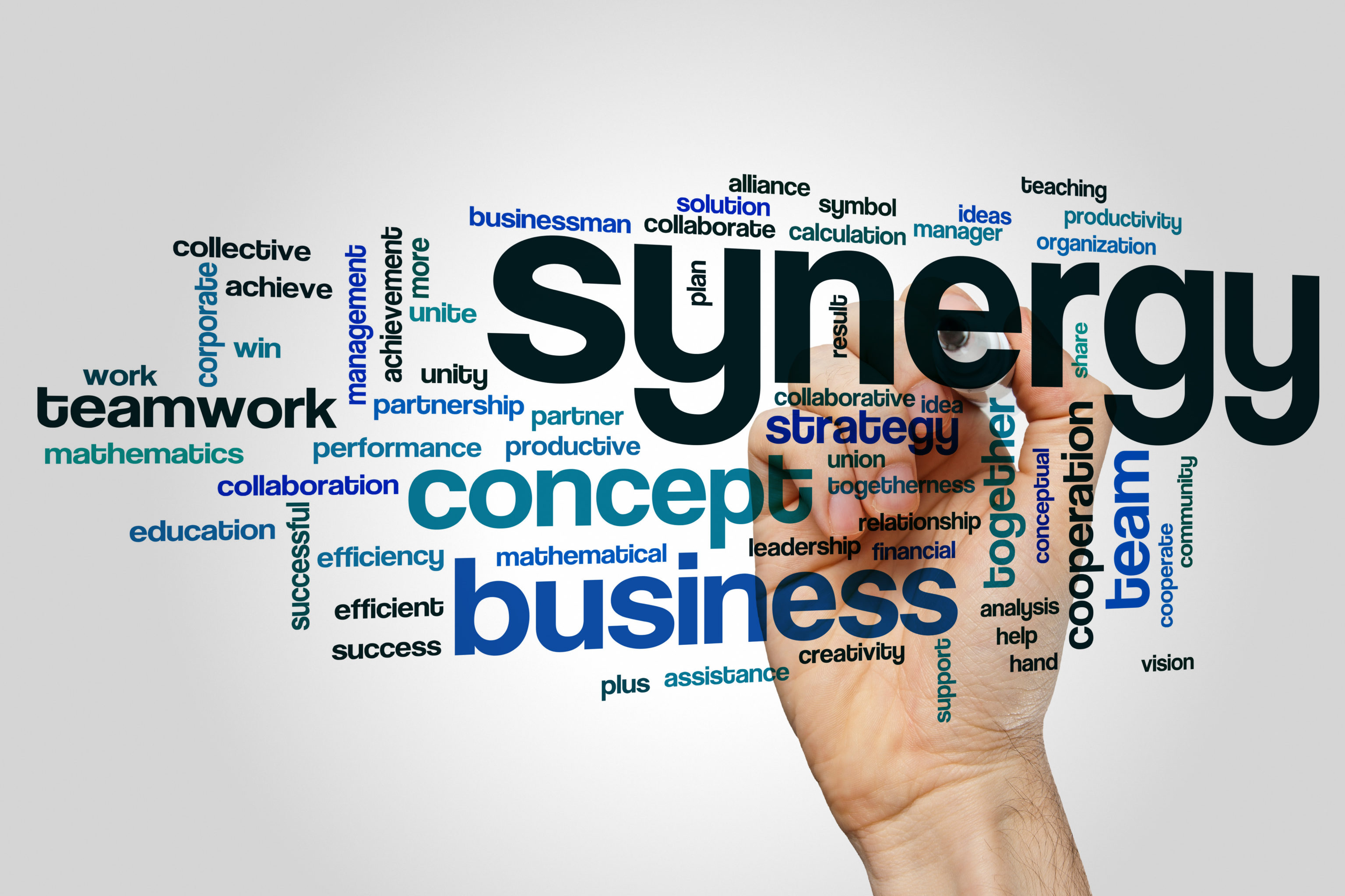 Concept graphic: Synergy in a business word cloud
