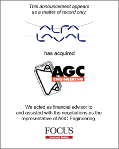 Acquisition announcement poster stating that agc engineering is now owned by alfa laval