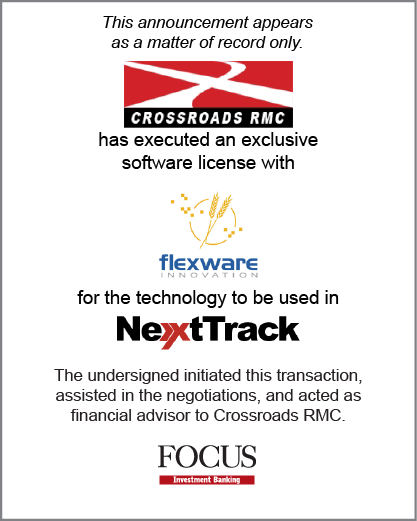 Crossroads RMC has executed an exclusive software license with Flexware for the technology to be used in NextTrack