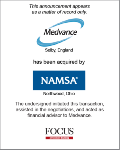 Medvance (Selby, England) has been acquired by NAMSA (Northwood, Ohio).