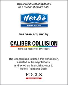 Acquisition announcement poster stating that herbs paint and body is now owned by caliber collision