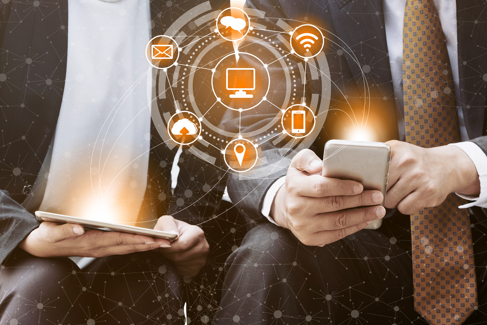 businessmen using smart devices with an illustration of app icons displayed over the image