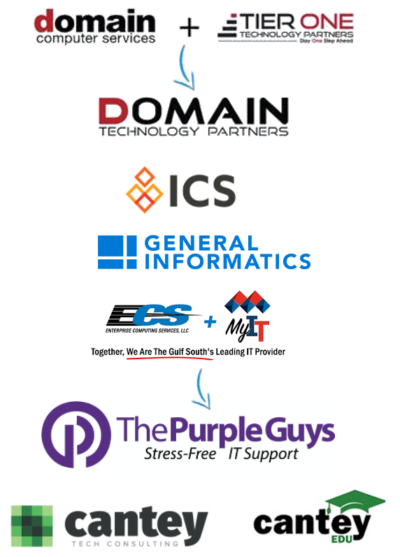 Domain Computer Services combines with Tier One Technology Partners to become Domain Technology Partners; ICS, General Informatics; Enterprise Computing Services, LLC combine with MyIT; The Purple Guys; Cantey Tech Consulting, Cantey Edu