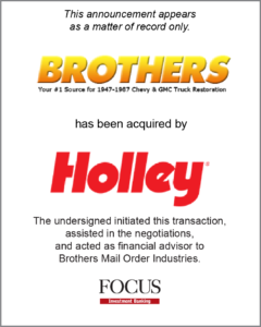 Brothers Mail Order Industries, Inc. has been acquired by Holley, Inc.